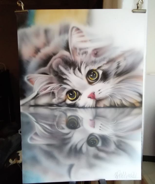 Bobby le chat, aérographie sur papier fabriano 50x70 cm, 2020, krem, disponible. N°63