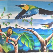 Fresque graffiti thème oiseaux , inspiration sud américaine, centre hospitalier de Novillars Besançon, krem 2023.